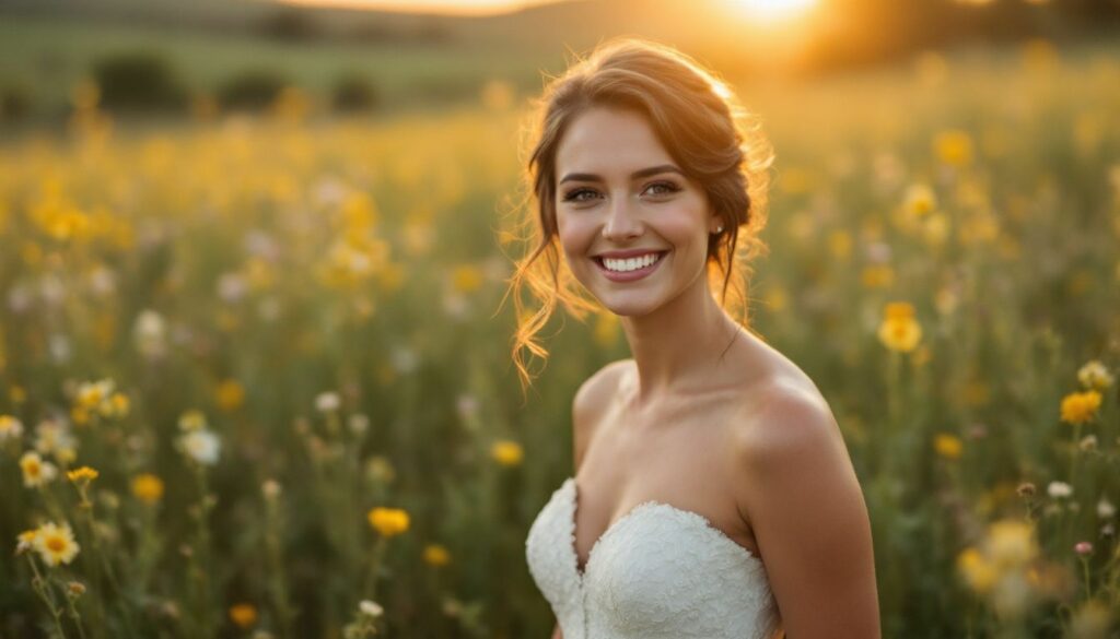 A bride wearing a simple wedding gown standing in a field of wildflowers in Fort Collins at sunset.