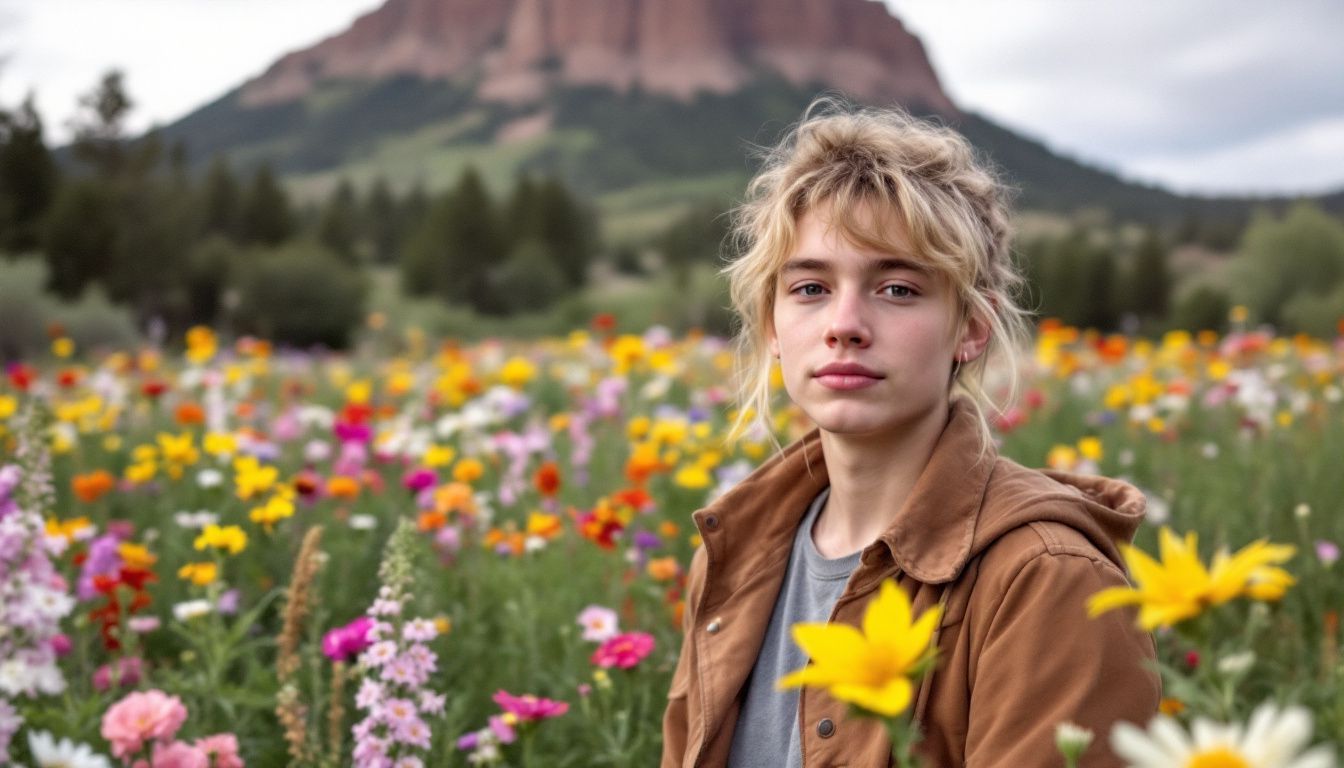 A high school senior standing in a field of colorful wildflowers with Horsetooth Rock in the background.