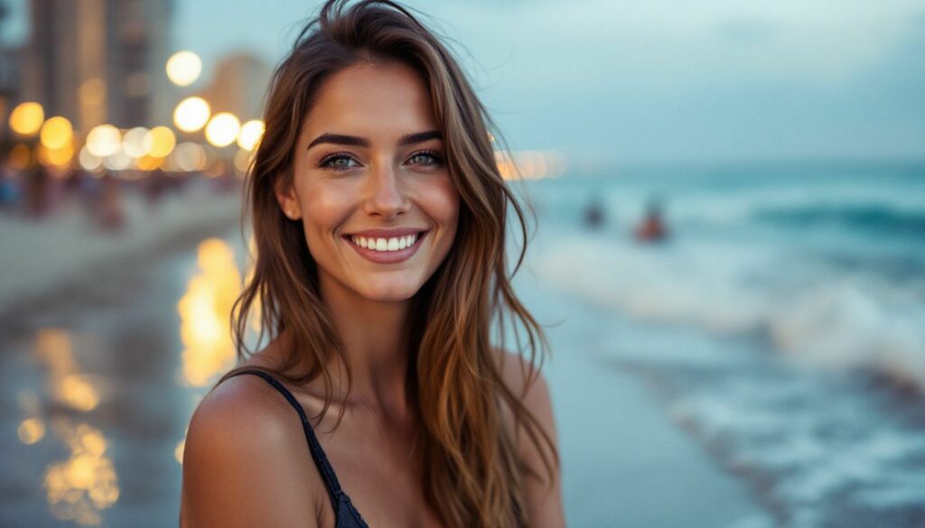 A woman in her mid-30s, with brown hair, smiles on South Beach at sunset.