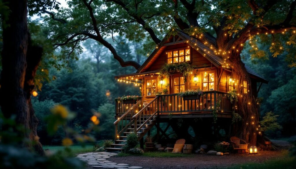 A charming treehouse with rustic décor and fairy lights, nestled in a green forest.