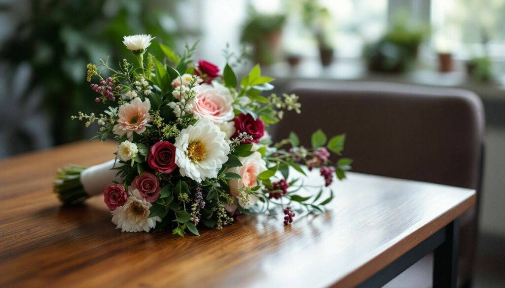 A wedding bouquet with a variety of flowers and greenery arranged on a wooden table.