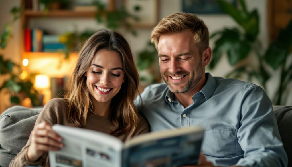 A couple in their mid-30s seated in a cozy living room, reviewing wedding videographer portfolios together.