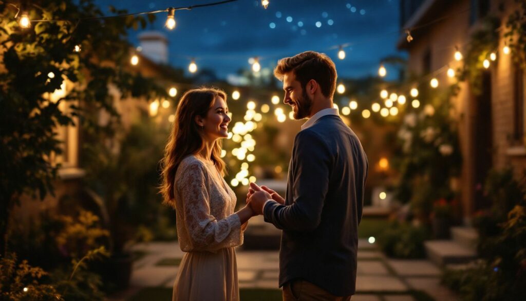 A couple in their late 20s exchanging vows in a small garden courtyard at night.