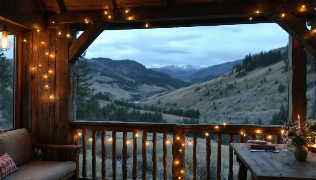 A cozy wedding venue in Colorado mountains with rustic wooden decor and panoramic views.