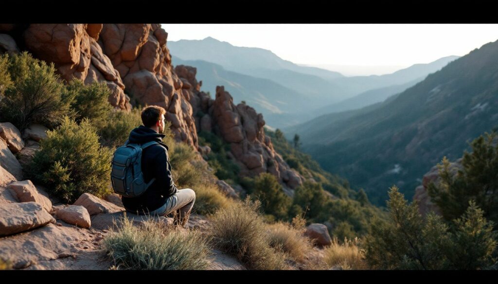 A tranquil Colorado Springs mountain landscape at sunrise with a person enjoying the view.