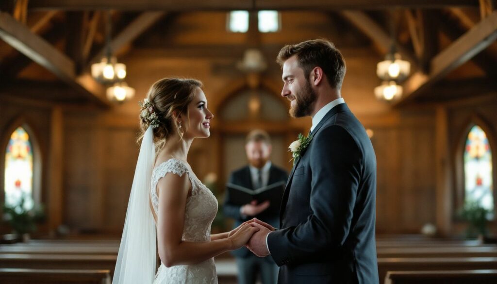 A couple exchanging vows in a rustic Denver wedding chapel.