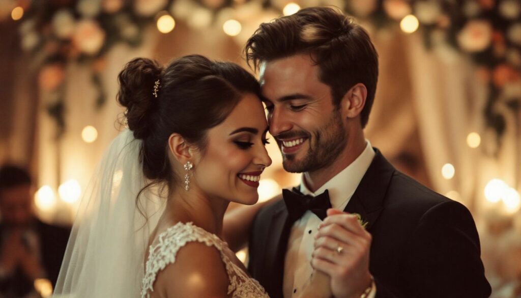 A happy couple sharing their first dance at a wedding reception.