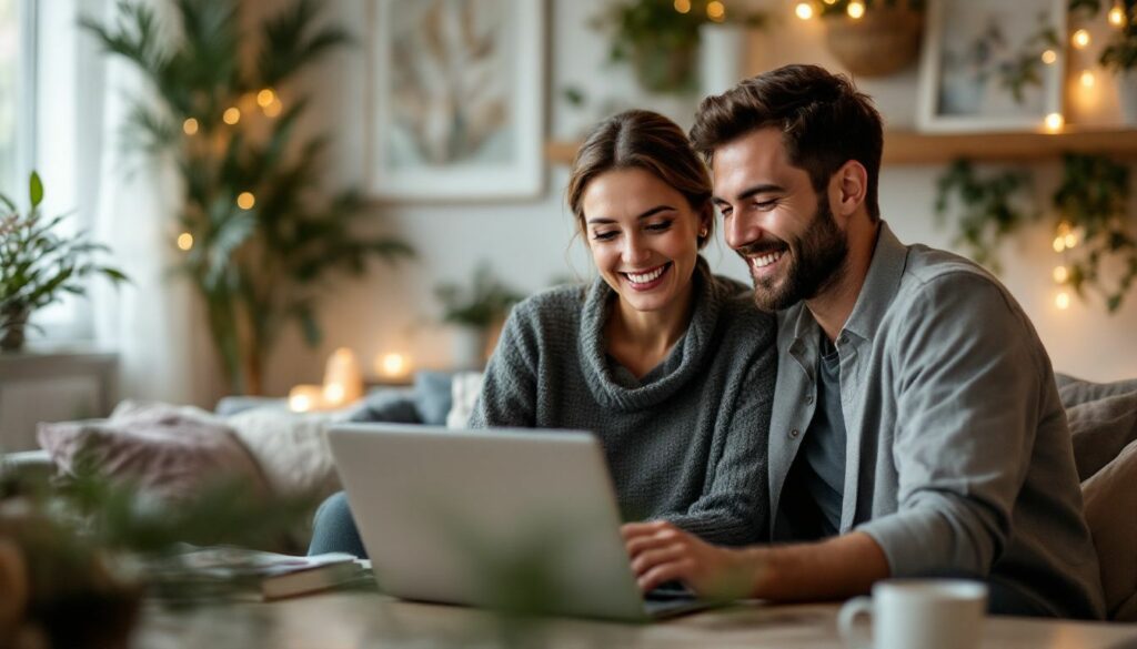 A couple in their late 20s watching their wedding video in a cozy office setting.