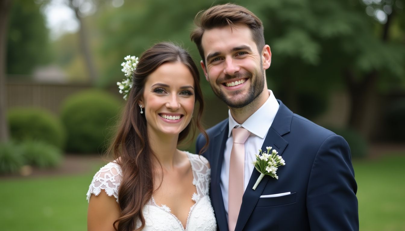 A couple in their late twenties posing in a garden, the man in a navy suit and the woman in a lace wedding gown, both smiling.