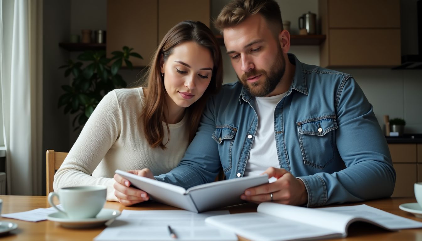 A couple in their 30s reviewing a wedding videographer's portfolio at home.