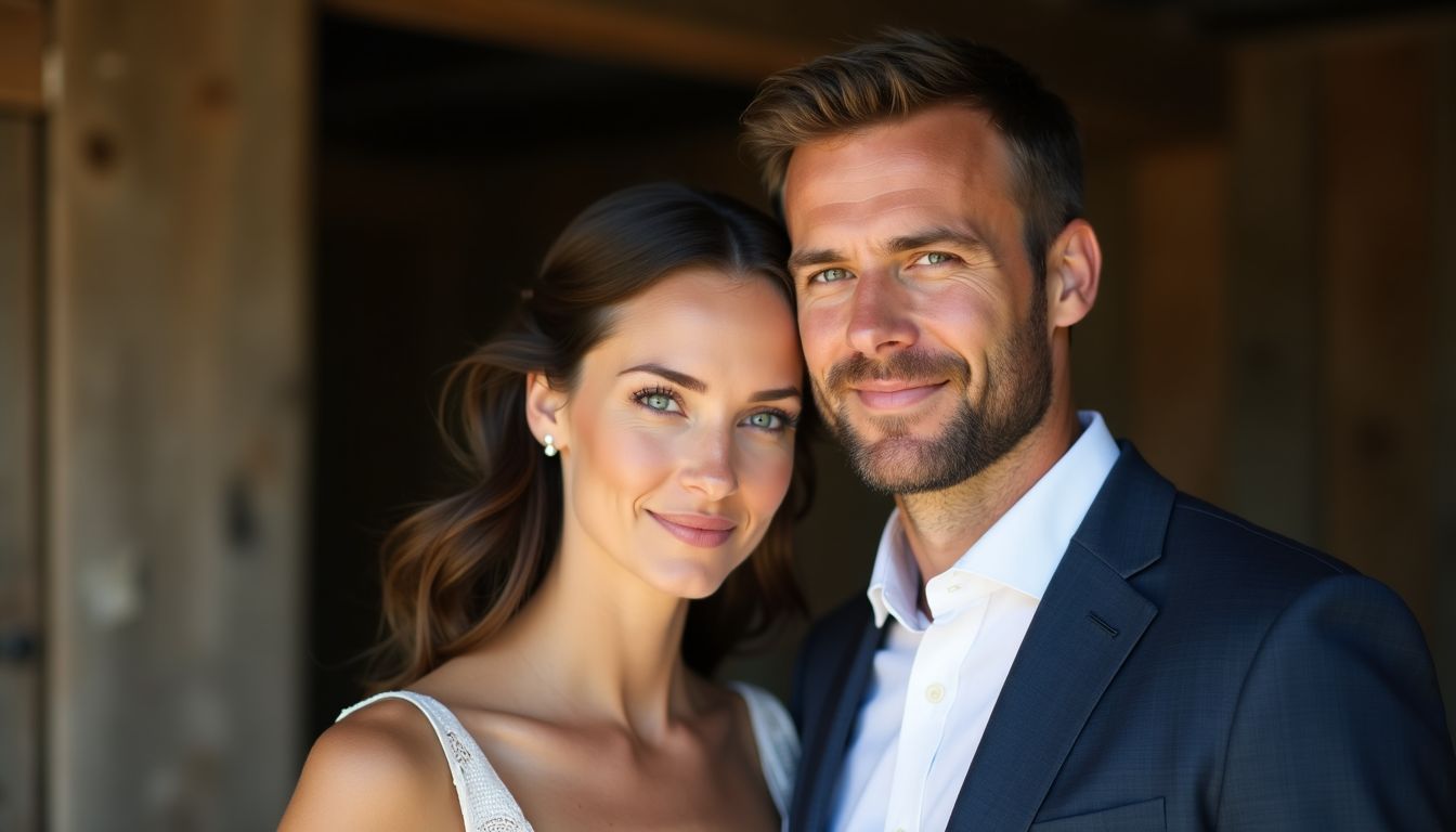 A couple in their mid-30s, dressed in elegant attire, standing closely in a rustic barn.