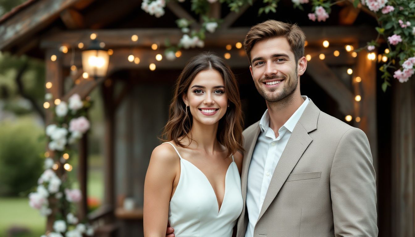 A young couple in casual attire stands in front of a rustic outdoor gazebo.