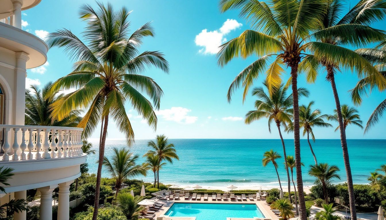 A luxurious resort in Fort Lauderdale, Florida with palm trees, ocean view, and sparkling pool.