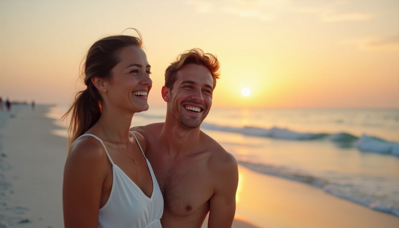 A couple in their mid-20s laughing together on a beach at sunset.