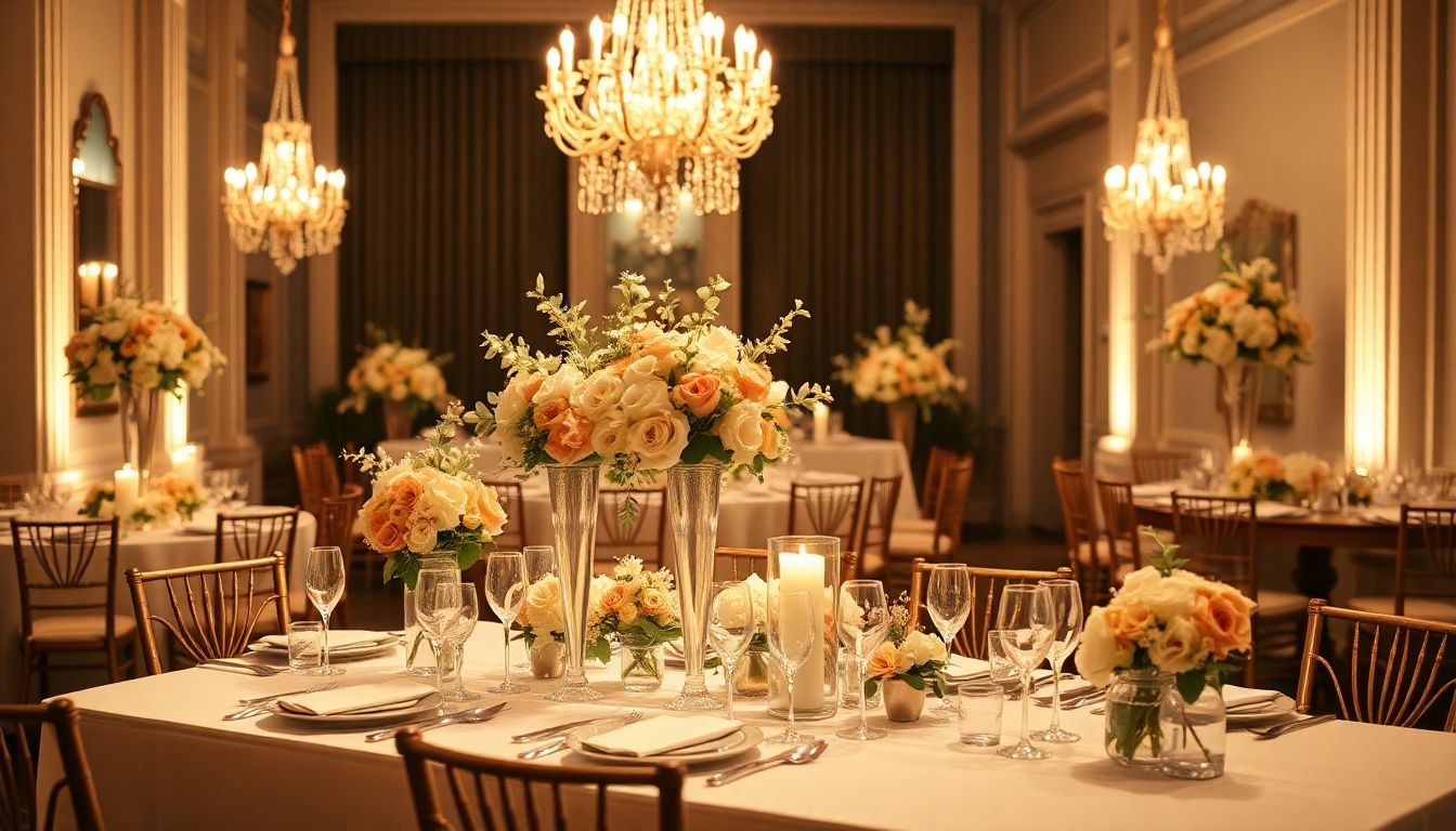 A beautifully arranged luxury wedding setup featuring elegant floral arrangements and exquisite table settings.