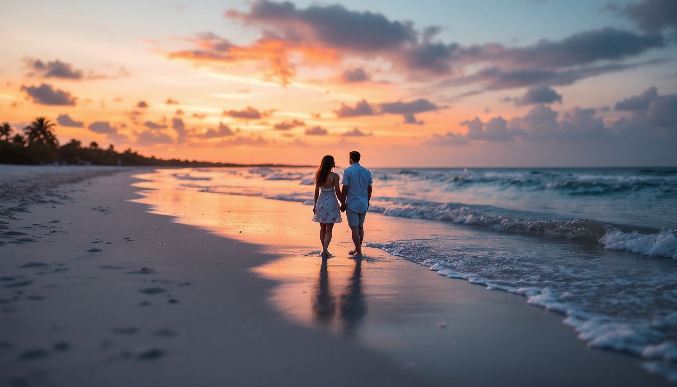 A serene Tampa Bay beach at sunset, ideal for an engagement photoshoot with a romantic ambiance.