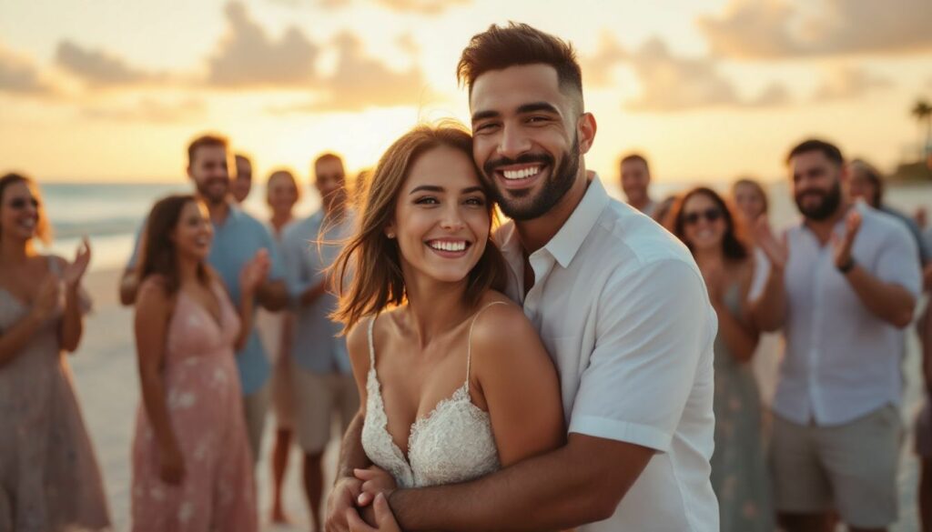 A newlywed couple embraces on a sandy beach with family and friends during sunset.