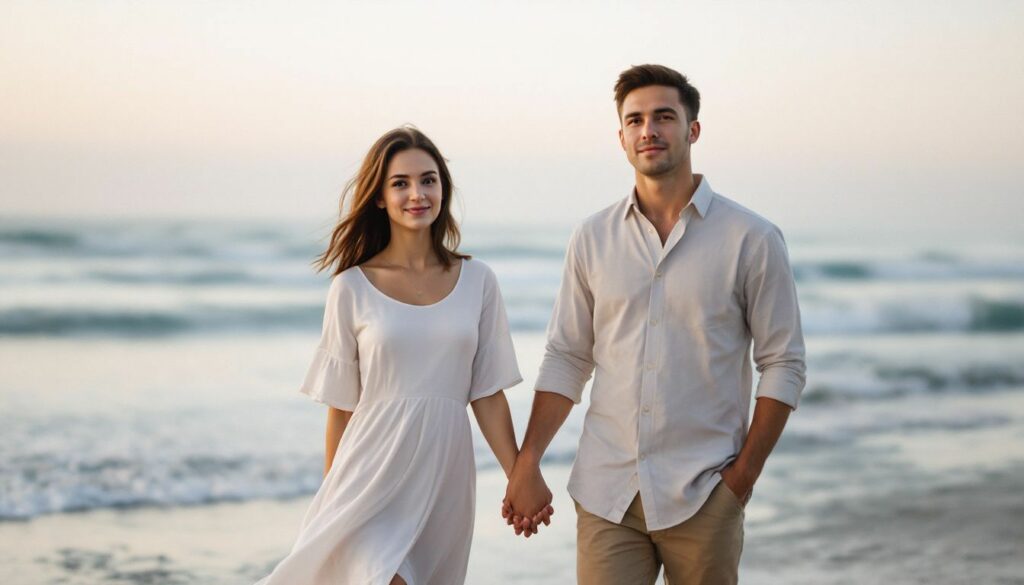 A newlywed couple stands on a beach at sunset, holding hands in a casual photo.