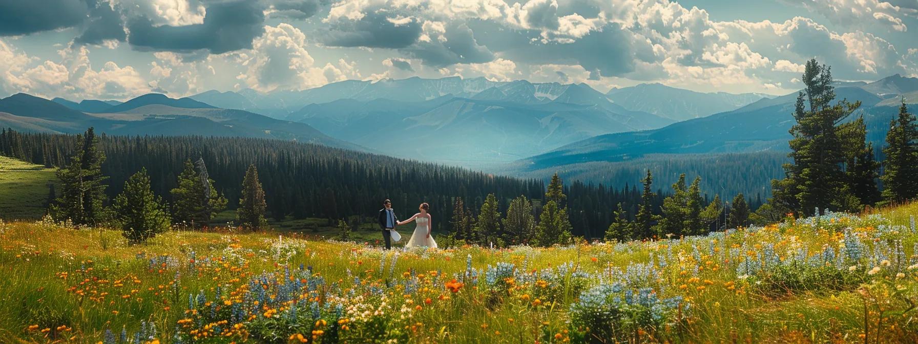 a breathtaking backdrop of majestic rocky mountains frames a joyous couple exchanging vows beneath a canopy of vibrant wildflowers.