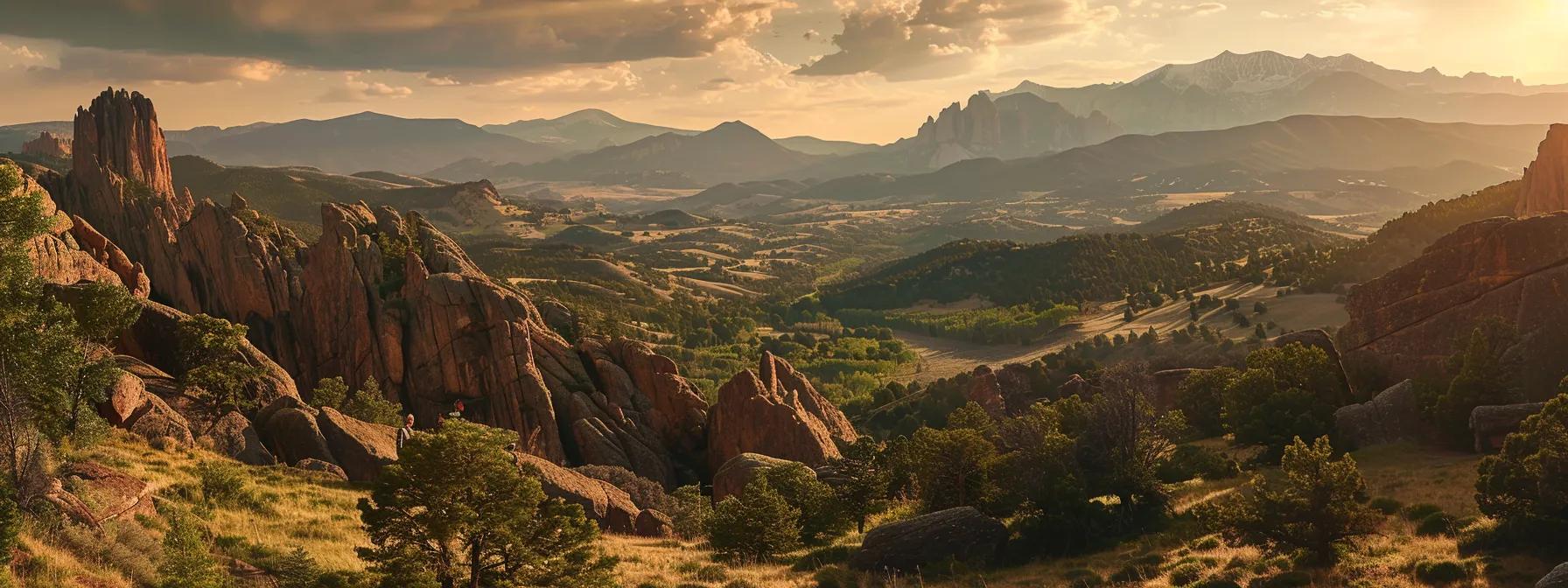 a breathtaking colorado landscape at sunset, framed by majestic mountains, with a couple joyfully posing in their elegant wedding attire, embodying timeless romance.