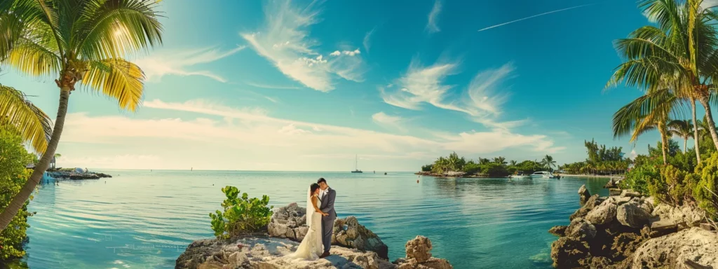 a bride and groom posing against a backdrop of palm trees and crystal-clear waters, capturing the essence of miami's beautiful locations in their wedding photos.