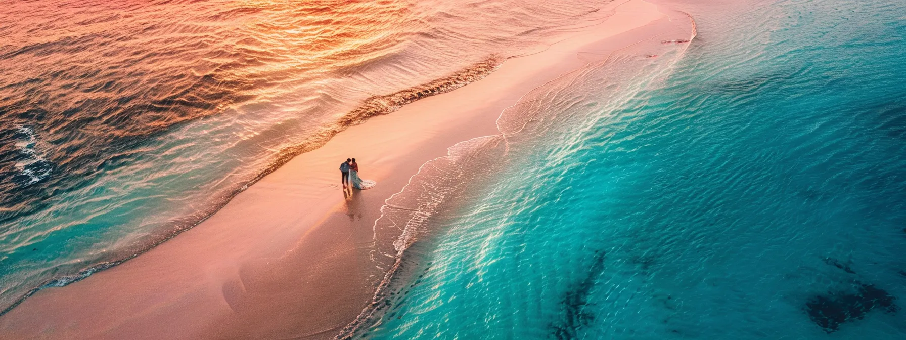 a bride and groom standing on a pristine miami beach, with crystal clear turquoise waters and a vibrant pink sunset in the background, captured in a custom photography package.