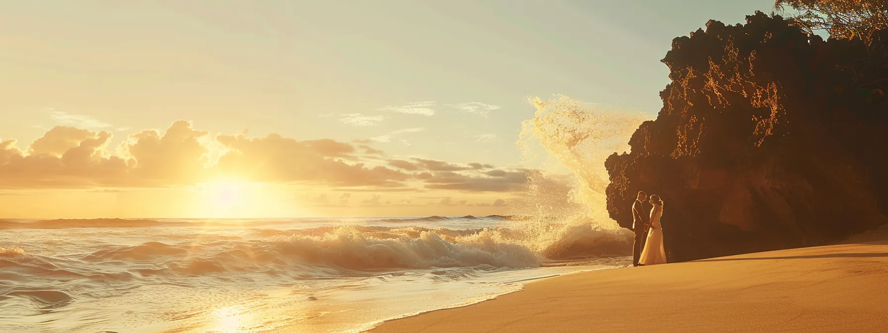 a bride and groom standing on a pristine beach at sunrise, exchanging vows with the ocean waves crashing behind them, captured in stunning detail by a professional photographer.