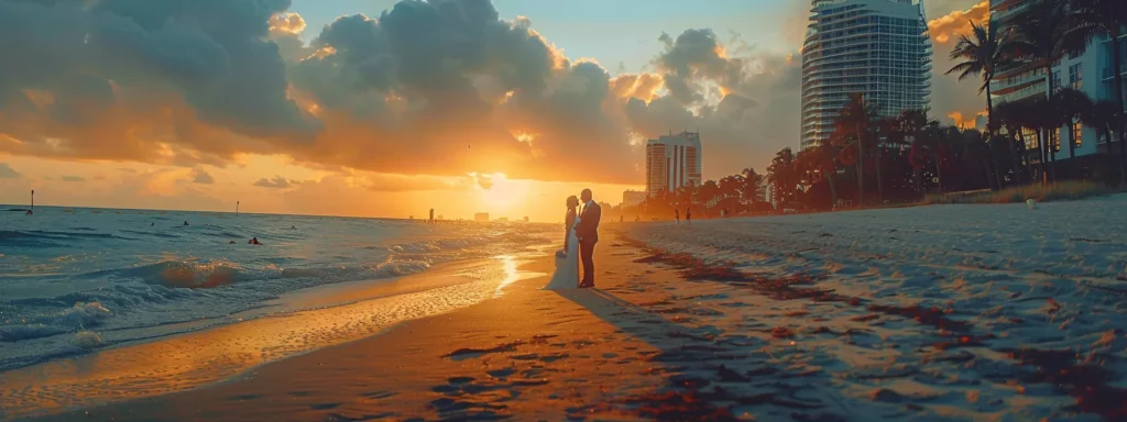 a bride and groom standing on a picturesque miami beach at sunset, captured in a timeless and romantic photography style to reflect their unique love story.