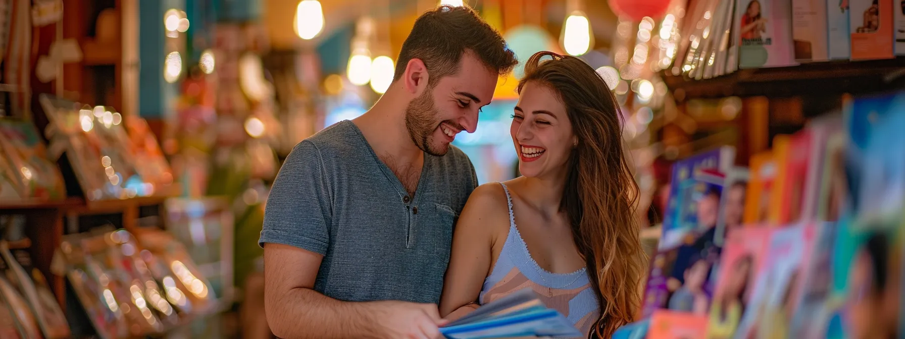 a couple happily browsing through a variety of engagement photography packages in miami, surrounded by vibrant and colorful brochures.