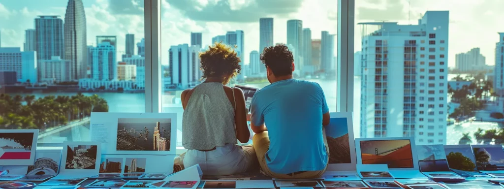 a couple sitting together, flipping through a portfolio of stunning wedding photos, surrounded by mood boards and color swatches, all set against the vibrant backdrop of miami's skyline.