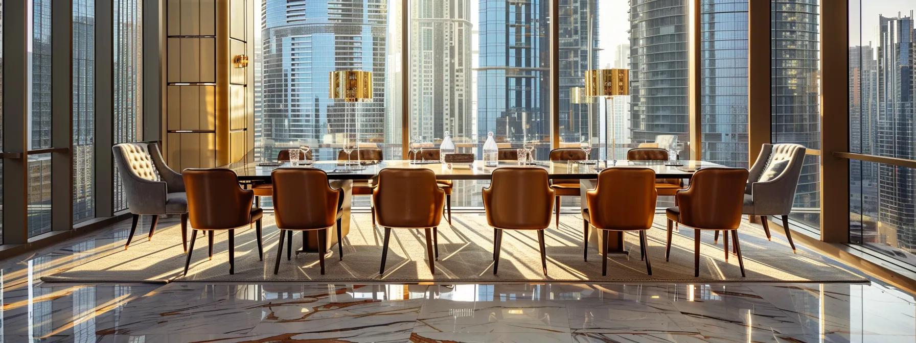 a polished conference room filled with natural light, showcasing a sleek, modern table surrounded by elegant chairs, set against a backdrop of city skyscrapers.