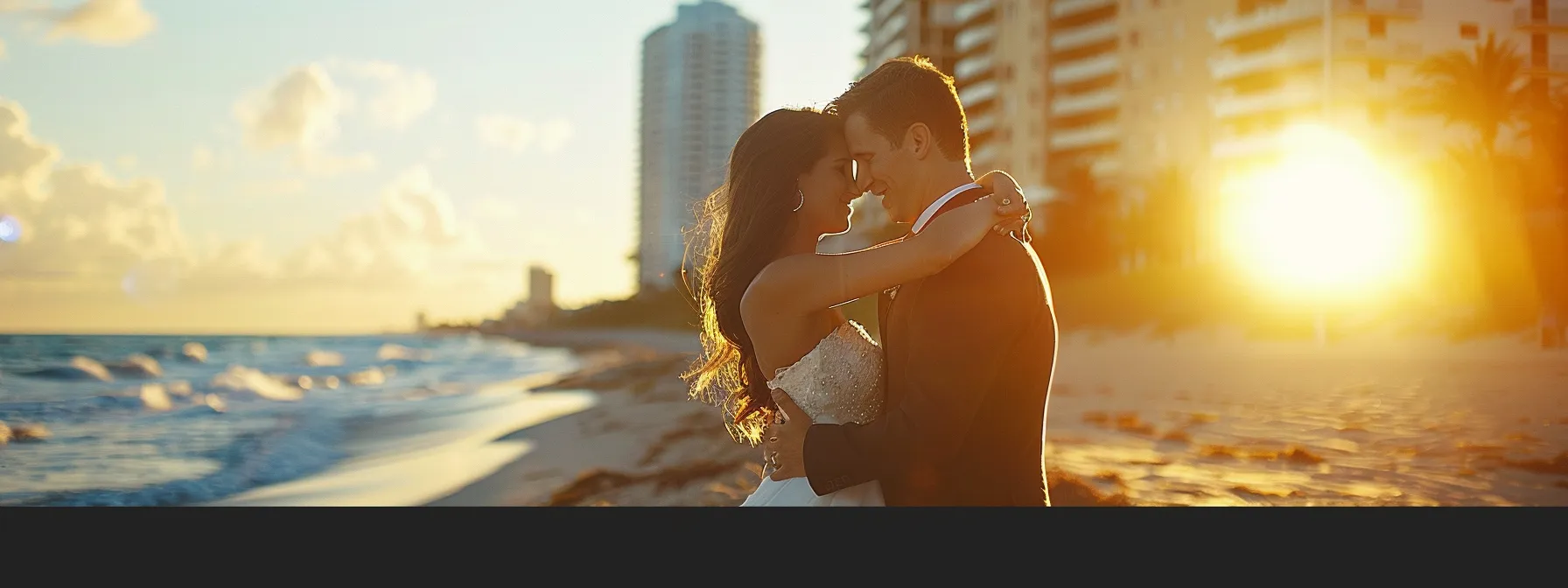 a radiant bride and groom embracing passionately on a sun-kissed miami beach with a professional photographer capturing the moment.