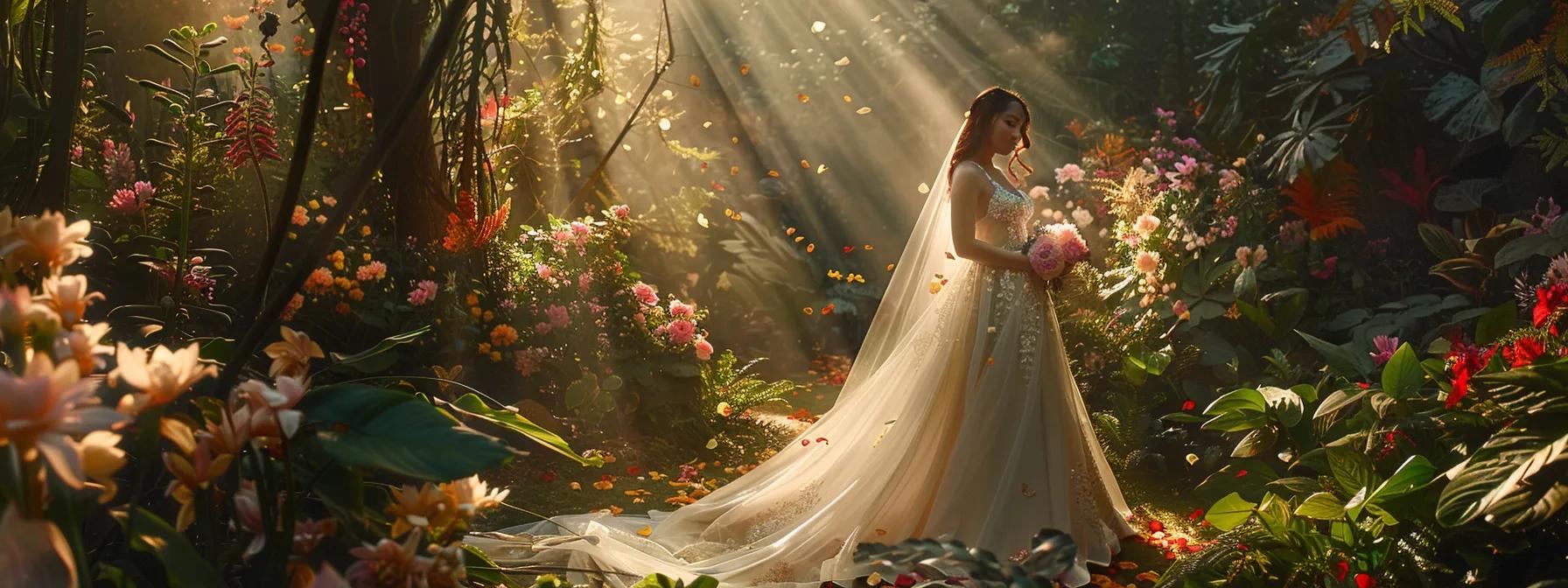 a radiant bride in a flowing white gown stands amidst a lush garden, surrounded by vibrant flowers and dappled sunlight, capturing the essence of love and celebration.