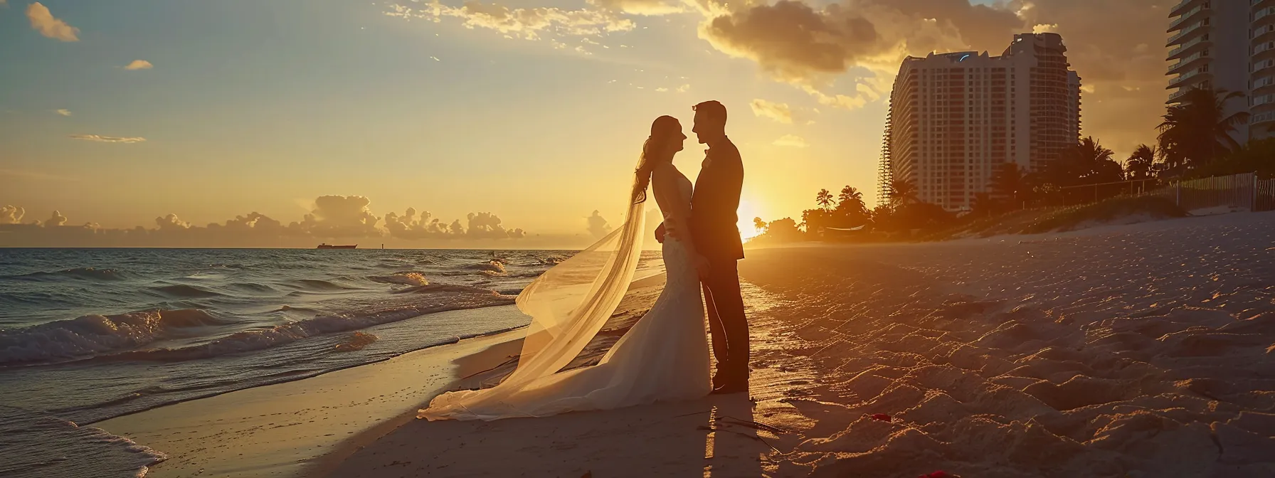 a stunning bride and groom posing elegantly on the sandy shores of miami beach, captured by a professional wedding photographer.