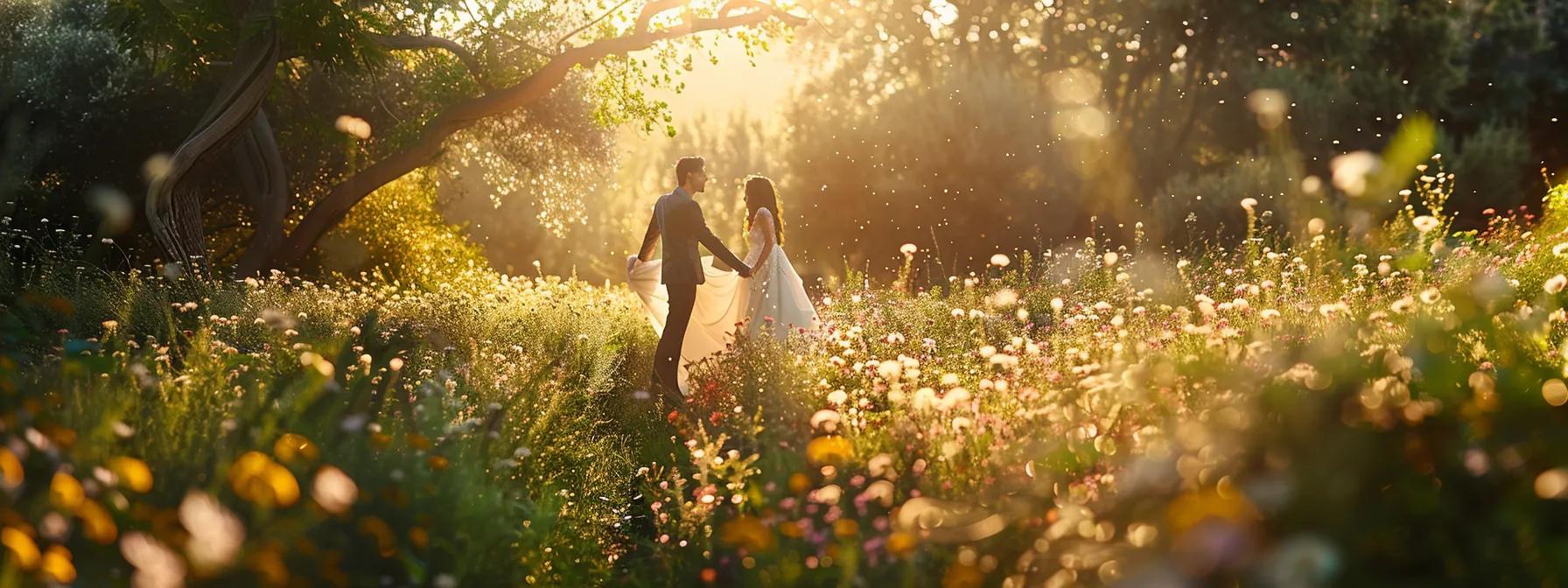 a whimsical outdoor wedding photo featuring a couple surrounded by a lush, blooming garden.