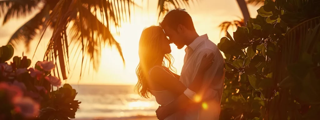 a loving couple in miami, surrounded by lush greenery and vibrant tropical flowers, embracing under a golden sunset while a professional photographer captures their special moment.