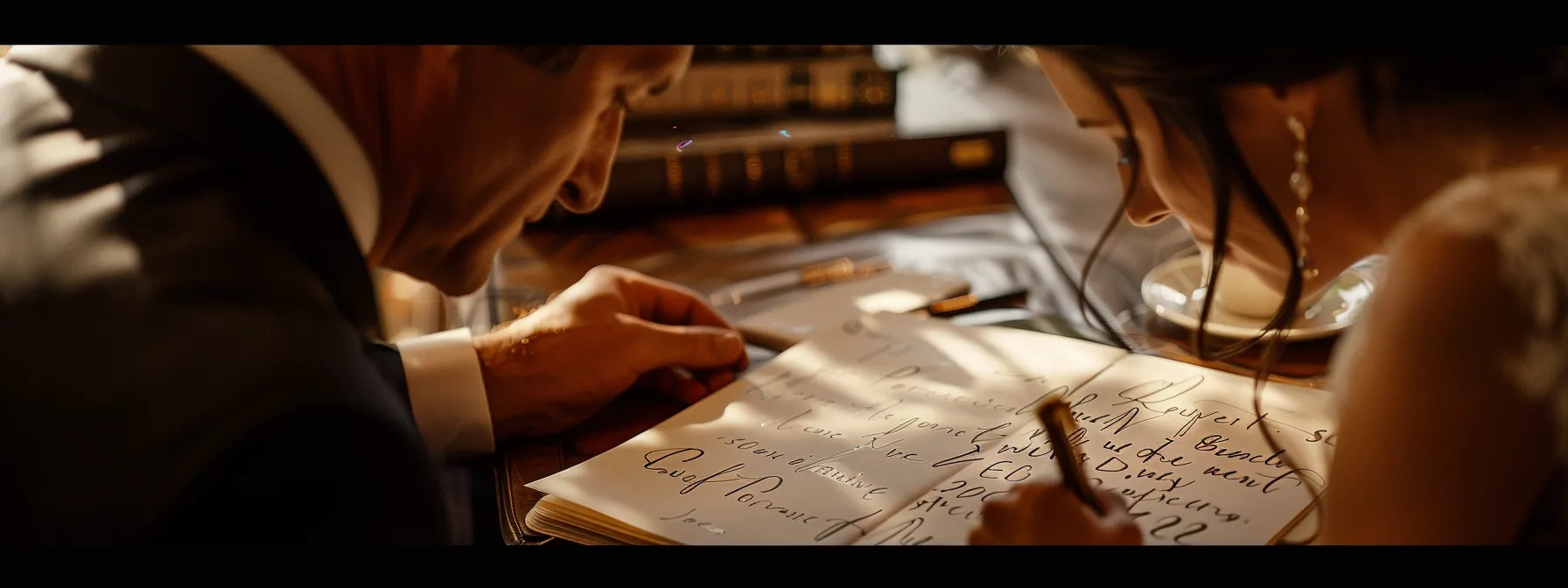 a bride and groom adding a personalized touch to their miami wedding album by writing heartfelt messages on the cover.