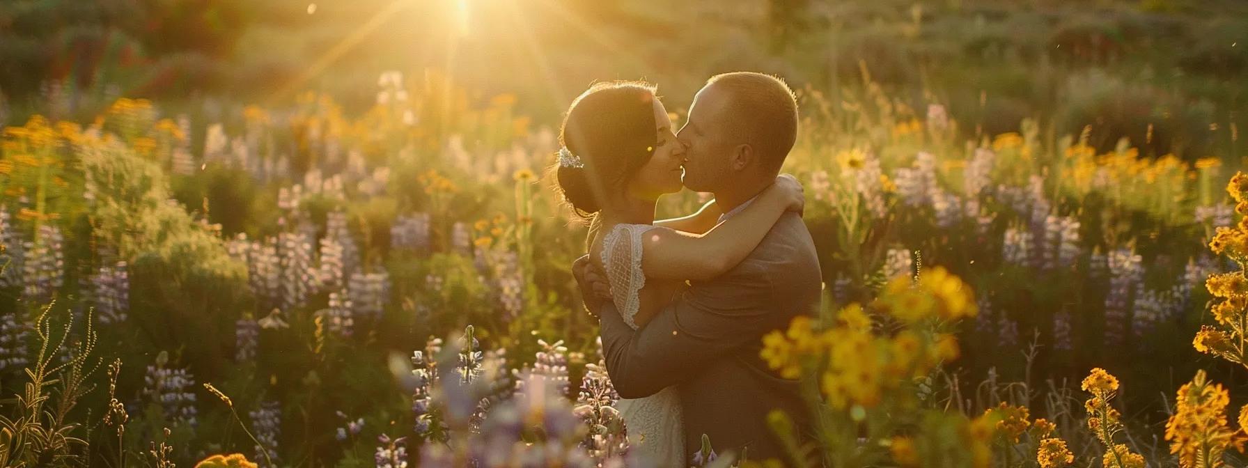 a bride and groom embracing in a sun-kissed field with vibrant wildflowers, captured by a talented fort collins wedding photographer in colorado.