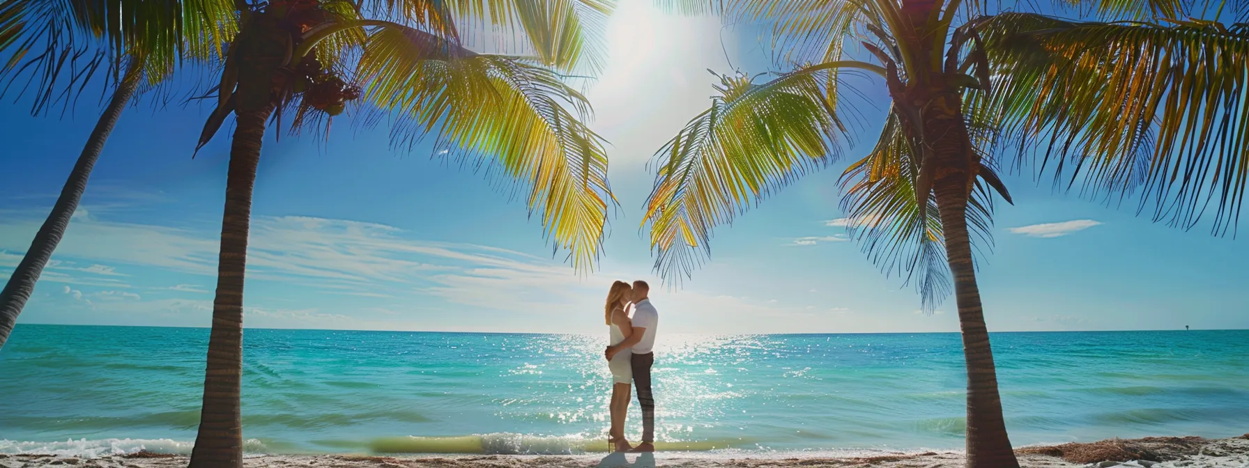 a couple embracing on a sun-kissed miami beach, framed by palm trees and crystal blue waters, capturing the perfect season for engagement photos.