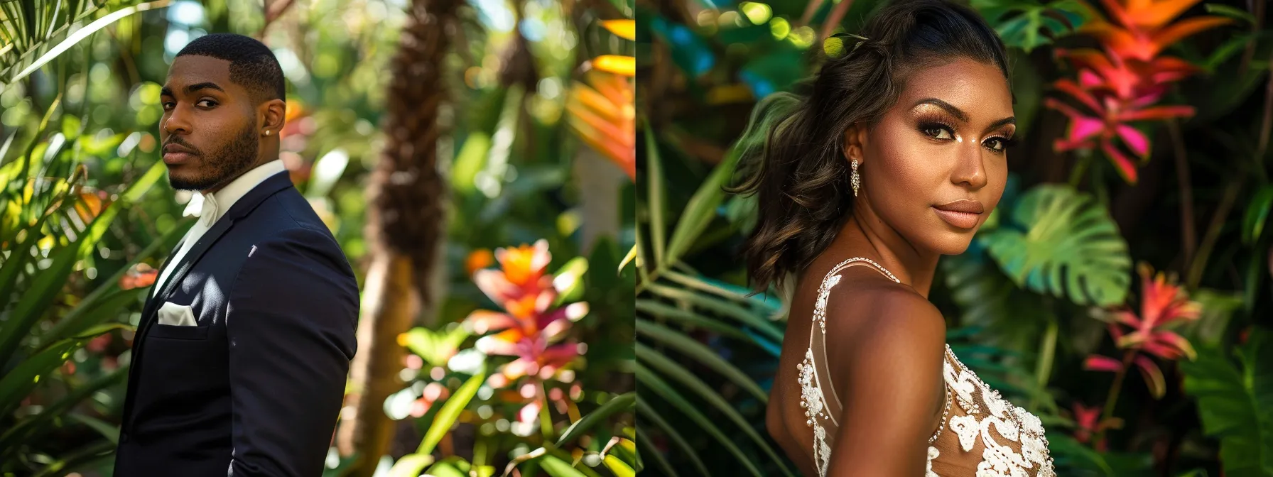 a glamorous bride and groom posing in a vibrant, tropical garden setting, capturing the essence of miami luxury wedding photography styles.