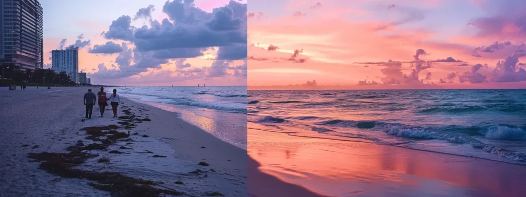 a pair of miami wedding photographers capturing a tender, intimate moment between a newlywed couple at a picturesque beach sunset.