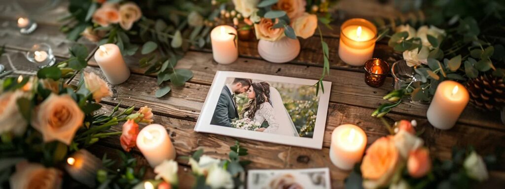 a beautifully arranged display of a digital wedding album on an elegant wooden table, surrounded by soft candlelight and lush floral accents, creating an inviting atmosphere for sharing cherished memories.