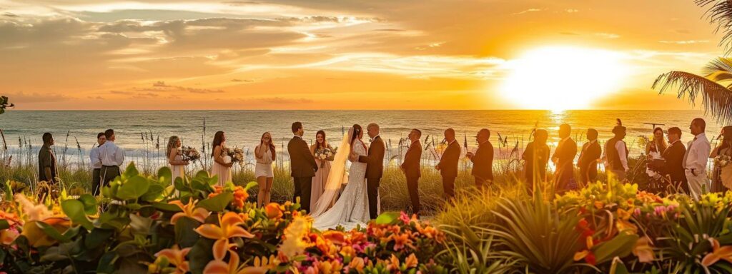 a stunning miami beach wedding scene captures joyful couples surrounded by vibrant tropical flora, with a skilled photographer skillfully framing moments of love and celebration against a picturesque sunset backdrop.