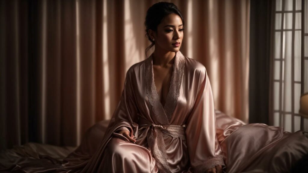 a luxurious boudoir setting showcases a model draped in an elegant kimono, surrounded by soft lighting that highlights the delicate textures of versatile nightwear and layered loungewear, conveying an atmosphere of confidence and sensuality.